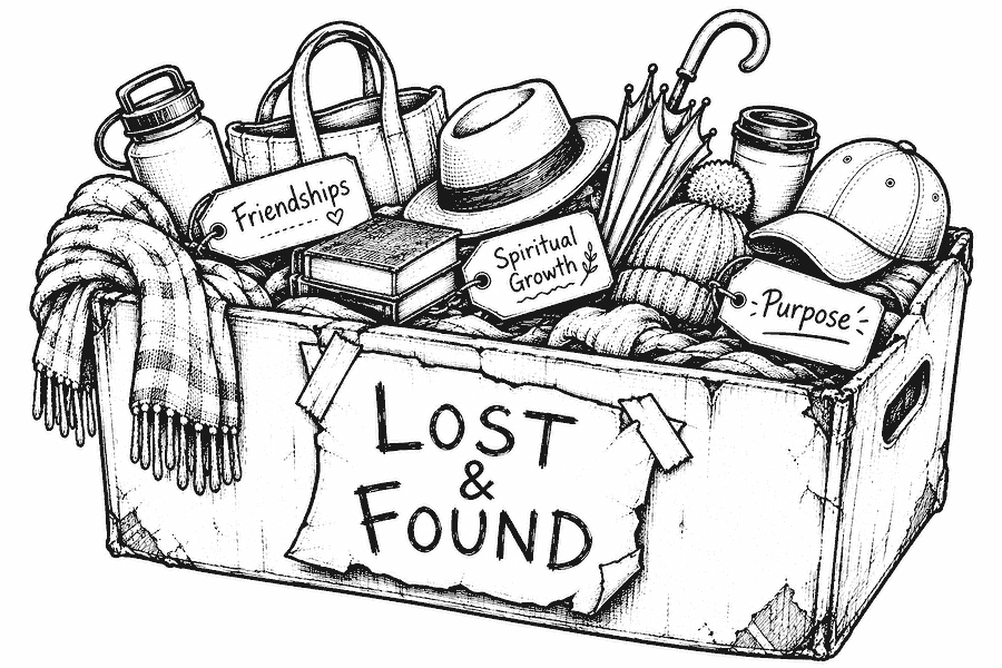 A hand-drawn wooden lost and found crate overflowing with everyday items — a scarf, a water bottle, a tote bag, a hat, books, an umbrella, a toque, and a cap — tagged with the labels Friendships, Spiritual Growth, and Purpose.