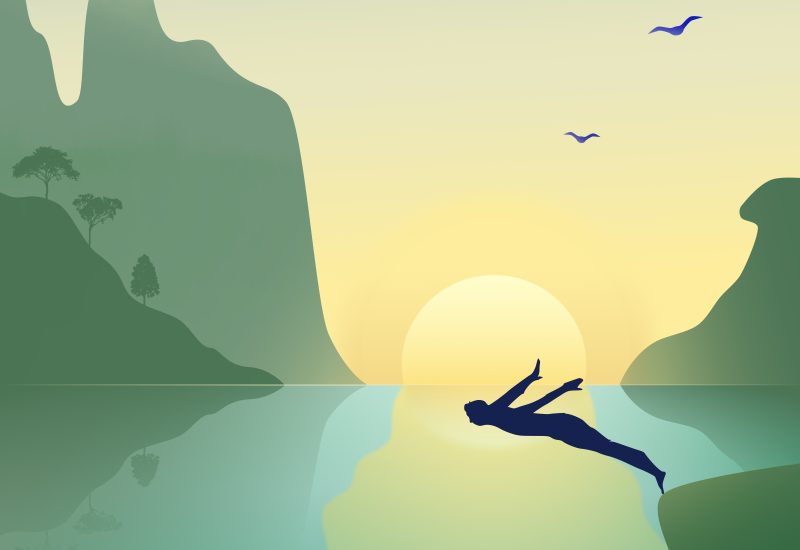 Illustration of a person diving off a cliff into calm water at sunrise, mountains in the background