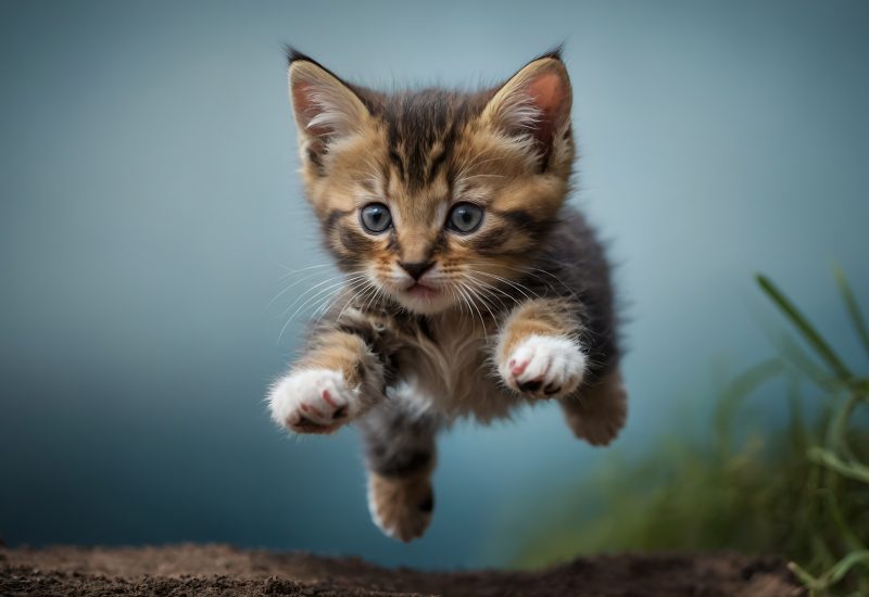 A small tabby kitten leaping through the air, all four paws off the ground