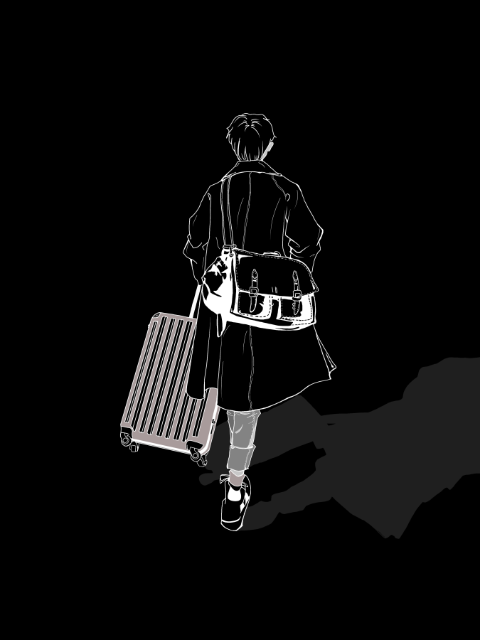 Illustration of a person seen from behind, walking away while pulling a suitcase and carrying a satchel bag