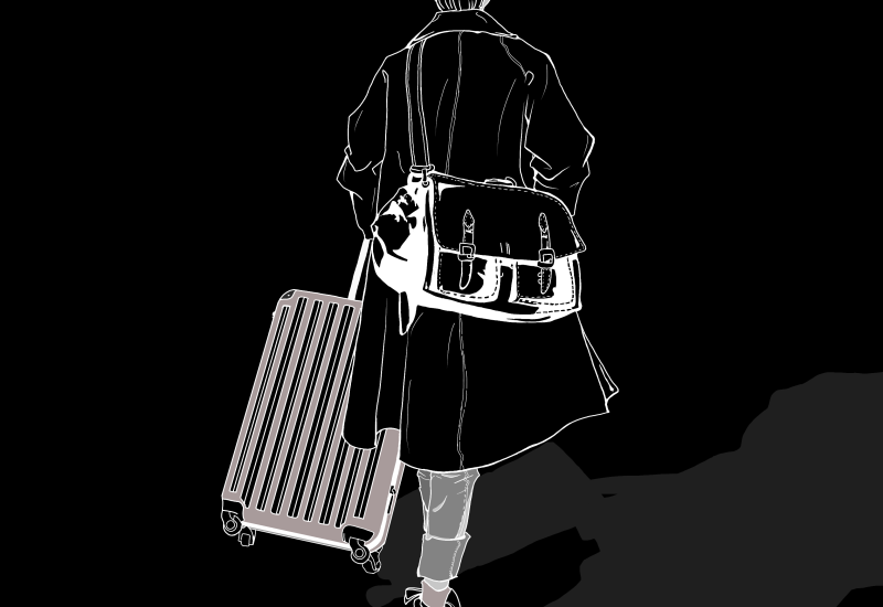 Illustration of a person seen from behind, walking away while pulling a suitcase and carrying a satchel bag