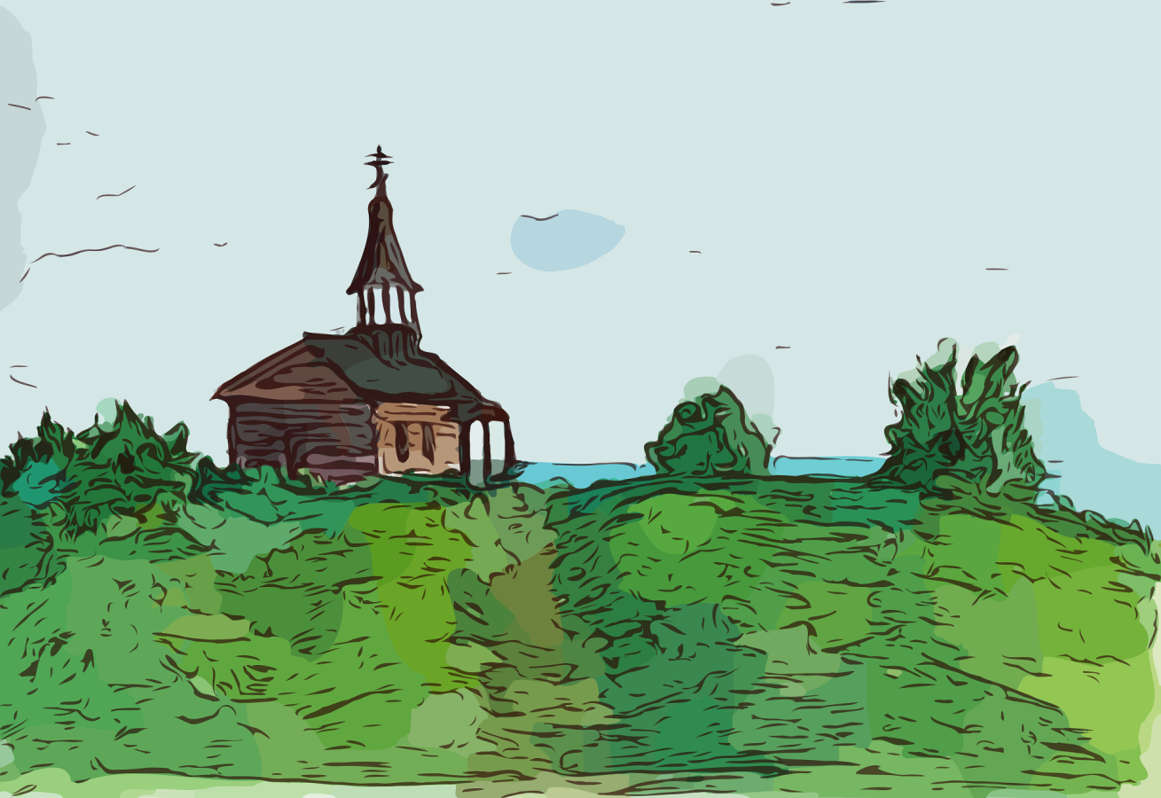 Watercolor-style illustration of a small wooden church with a steeple on a hill, surrounded by trees